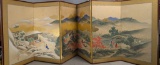 Japanese Byobu Folding Screen Depicting Mountainous Landscape with Temple