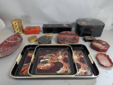 14 Japanese Lacquerware Items Including Trays and Boxes