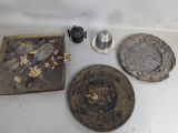 5 Antique Japanese Metalware Including Incense Burner and Footed Tray