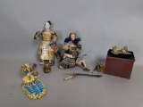 4 Vintage Japanese Figures Including Musha Ningyo Samurai Dolls and Resin Figurines
