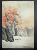 Signed Vintage Japanese Watercolor Landscape with Red and Orange Foliage