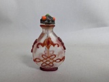 Chinese Snuff Bottle with Red Overlay Design of Bats and Endless Knot