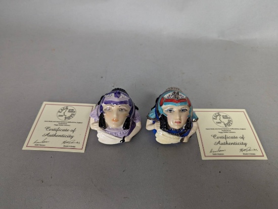 Pair Face Pots Cleopatra Hand Painted Ceramic by Kevin Francis with COA
