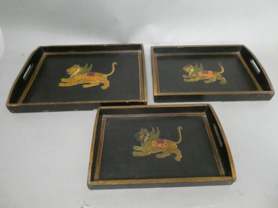 Set 3 Asian Hand Painted Tiger w/ Wings Wood Stacking Table Trays