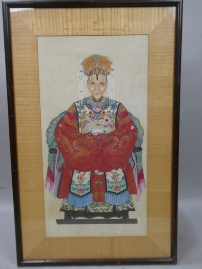 c1850 Chinese Ancestor Femail Figure Painting on Paper Techu Phu Fe