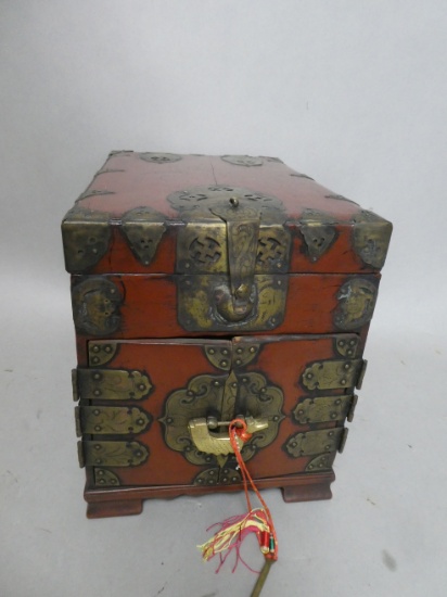 Vintage Japanese or Korean Red Lacquer & Brass Calligraphy Box
