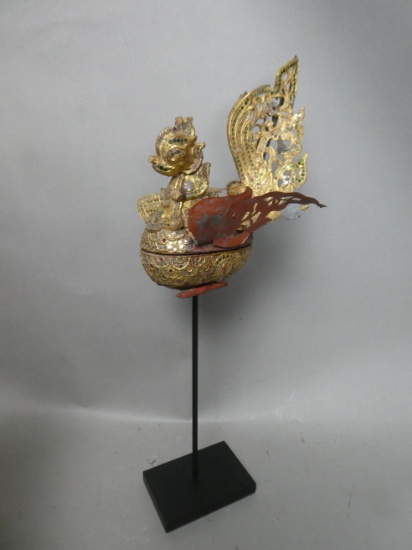 Antique Burmese Thailand Hamsa Oire Bird Wood & Metal Sculpture Box