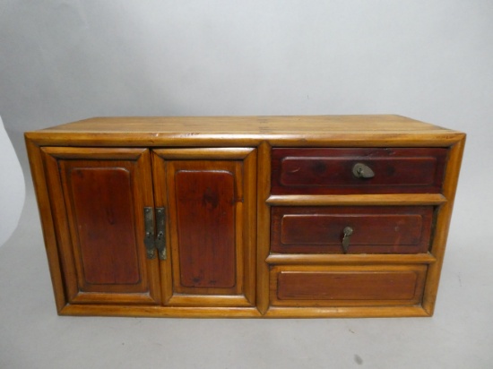Vintage Chinese Elmwood Makeup Chest Handmade W/ Doors & Drawers