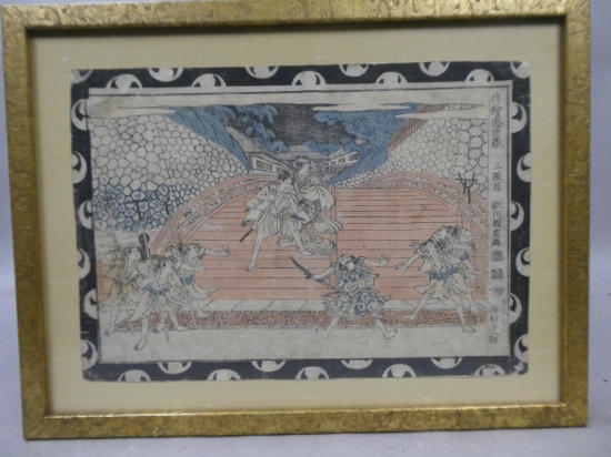 Original 19th Century Utagawa Kuninao Japanese Woodblock Print of Bridge