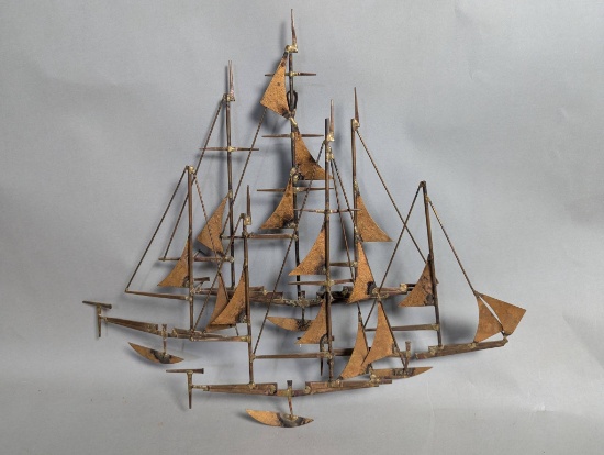 Metal Wall Sculpture with Abstract Sailboats Signed Sharon Miller