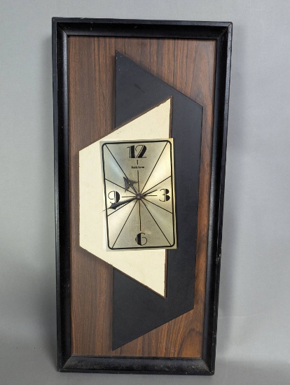 Mid Century Wall Clock with Geometric Design and Wood Accents