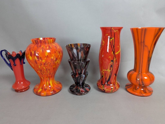 5 Hand Blown Czech Glass Vases in Various Patterns