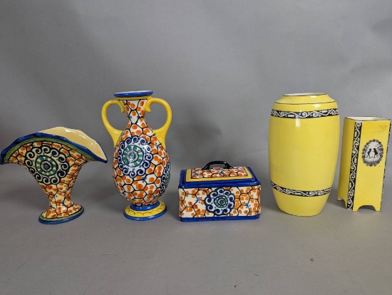 Five Hand Painted Czech Art Pottery Ceramics Including Vases and Box