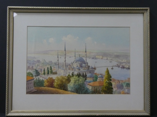 c1920-30's Vahit Armagan View of Istanbul Watercolor Painting