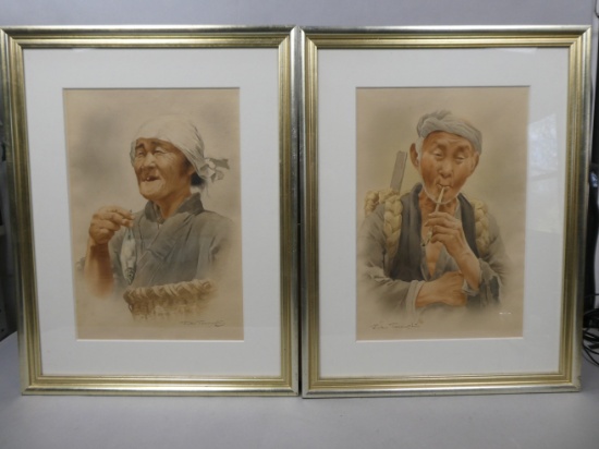Pair Fukutaro Tarauchi Japanese Watercolor Paintings