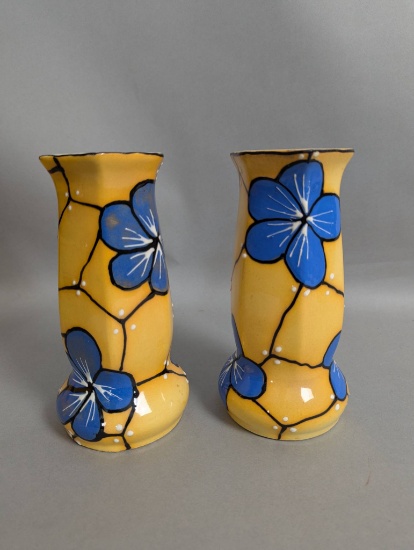 Czechoslovakian Hand Painted Ceramic Yellow Vases with Floral Motif