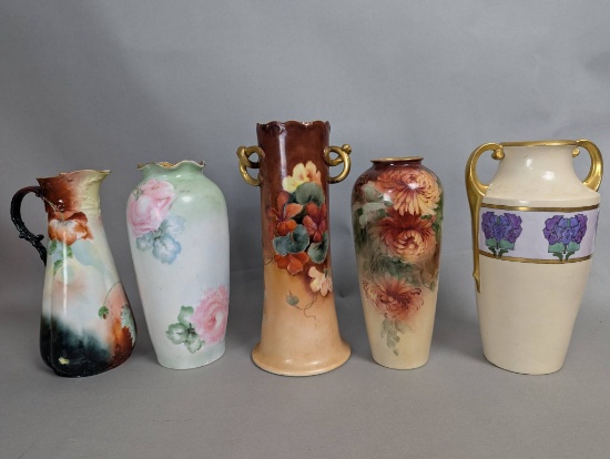 Lot of 5 Vintage Hand Painted Pottery Vases Including French and Austrian Pieces