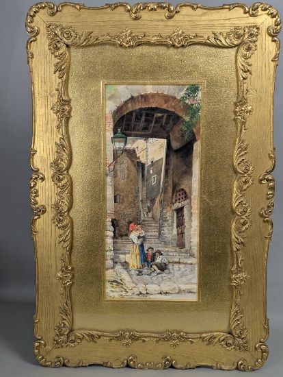 Watercolor by Pietro Pavesi Depicting a Italian Village Scene in Ornate Frame