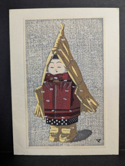 Japanese Woodblock Print by Masao Maeda Depicting a Child in Winter Attire
