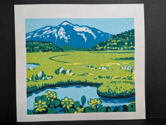 Japanese Woodblock Print of Mountain Landscape and Pond