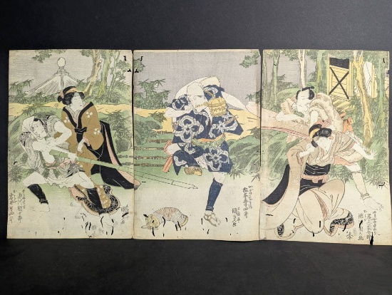 Original 19th Century Japanese Woodblock Print by Utagawa Kunisada Depicting Kabuki Play