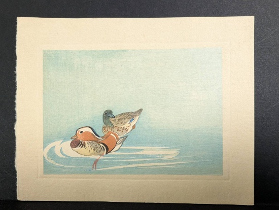 Japanese Woodblock Print Depicting Two Ducks on Calm Water