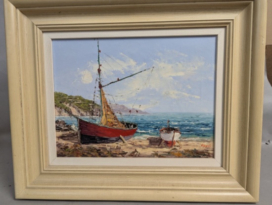Stunning Seascape with Boats by Hayes Original Oil on Canvas Artwork