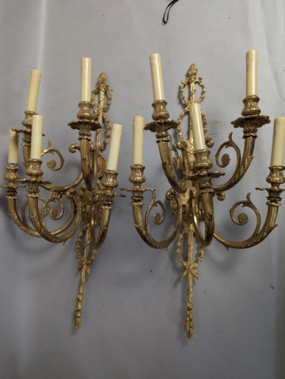 Vintage Louis XV Rococo Revival Brass Wall Sconce Pair 30 High Ornate Design