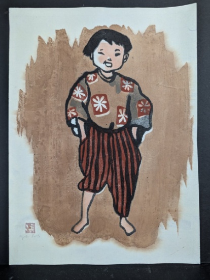 Kiyoshi Saito Child of Aizu Japanese Woodblock Print Early c1950 Signature