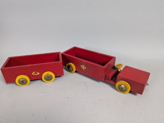Vintage Wooden Toy Truck and Trailer Set Red Yellow Classic Folk Art