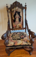 Victorian Renaissance Revival Carved Armchair with Queen Elizabeth Needlepoint Upholstery