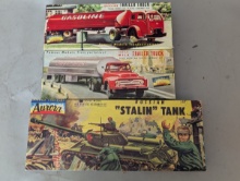 Vintage Aurora Model Kits Stalin Tank Milk Truck Gasoline Truck Collection NOS