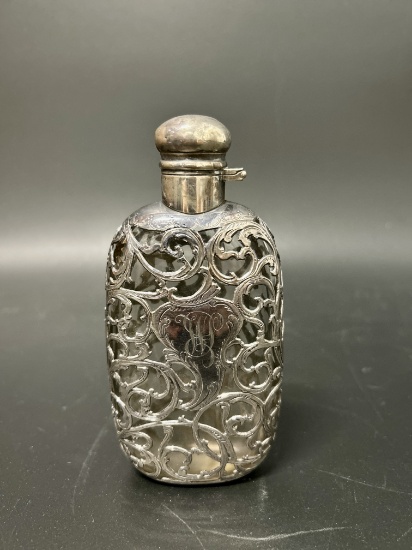 Antique Art Nouveau Sterling Overlay Ladies Flask