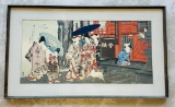 19th C Japanese Woodblock Triptych Utagawa Kunisada Beautiful Women depicting daily life