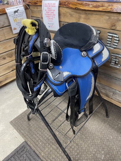 12" Blue Western Synthetic Saddle with Headstall, Breastcollar, and Reins Set