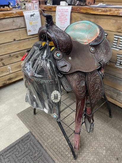 13" Circle J Teal Snake Print Barrel Saddle with Headstall, Breastcollar, and Reins Set