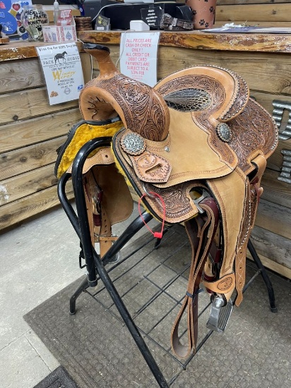 13" Circle J Tooled and Snake Print Barrel Saddle with Headstall, Breastcollar, and Reins Set