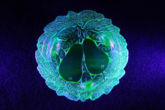 Uranium Glass Floral Pear Bowl