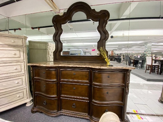 Traditional wood dresser and mirror (marble top)