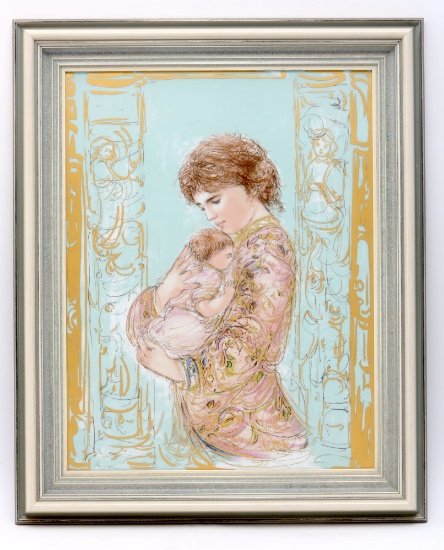 Framed Edna Hibel Lithograph On Porcelain- Mother And Child