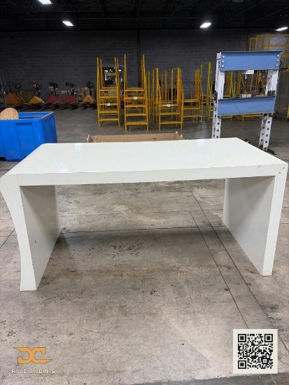 (1) White Panel-Leg Desk / Work Table Waterfall Edge, Open Base