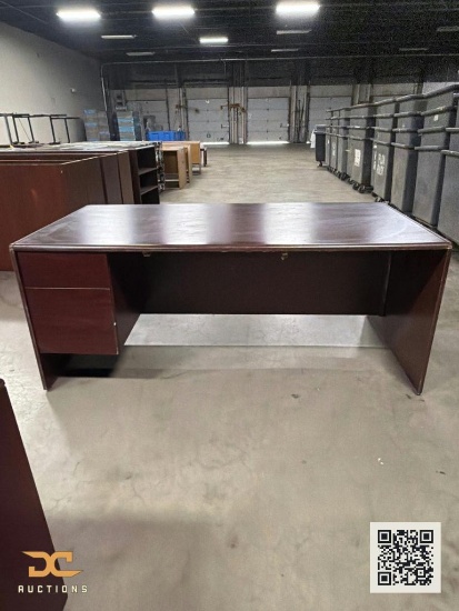 (8) Mahogany Laminate Executive Office Desk with Left-Side Pedestal Drawers