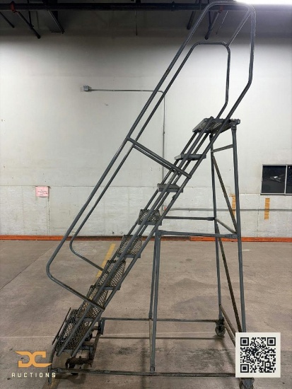 (1) Industrial Rolling Safety Ladder | 8-Step Steel Warehouse Ladder with Handrails & Casters