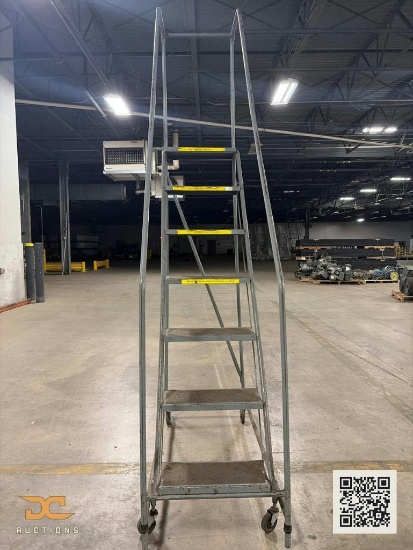 (1) Rolling Safety Ladder | 7-Step Steel Warehouse Rolling Ladder with Handrails