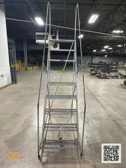 (1) Industrial Rolling Safety Ladder | 9-Step Steel Perforated Tread with Handrails