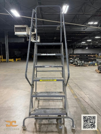 (1) Industrial Rolling Safety Ladder | 6-Step Steel Mobile Work Platform with Handrails