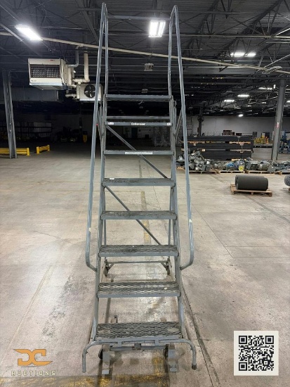 (1) Cotterman Rolling Safety Ladder | 8-Step Industrial Warehouse Ladder with Handrails