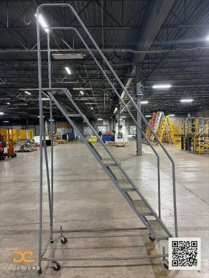 (1) Industrial Rolling Safety Ladder | Steel Step Ladder with Handrails & Casters