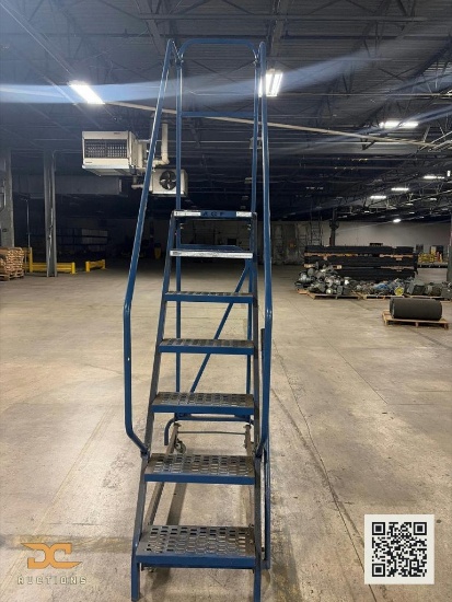(1) AGF Rolling Safety Ladder | 7-Step Industrial Warehouse Rolling Ladder with Handrails