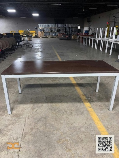 (2) Office Desk / Work Table | Dark Walnut Laminate Top with White Steel Frame & Grommet Holes